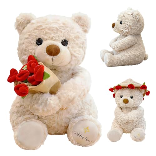 Eymobad Oso de peluche con rosa y sombrero, 30 cm, oso de peluche con sombrero de rosa, regalo romántico para el día de San Valentín, cumpleaños y aniversario, oso de tela suave para niños y adultos