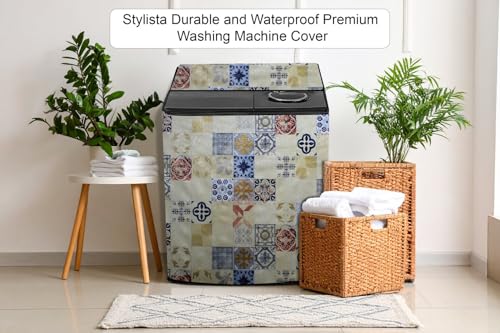 Image of Stylista PVC Washing Machine Cover Compatible for GODREJ 6.8KG Semi-Automatic Top Loading WS Edge 680 CT, Mosaic Pattern Yellow