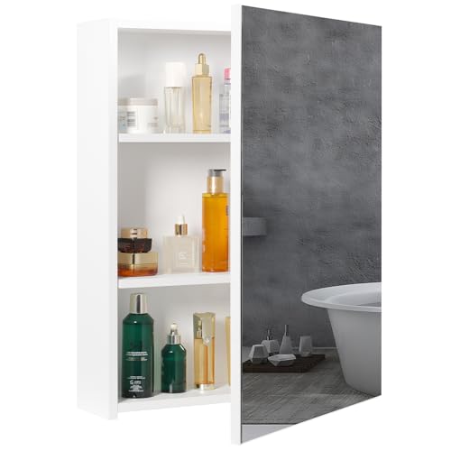 BELIWIN Bathroom Wall-Mounted Mirror Cabinet White, Small Single Mirrored Door Storage Cupboard, Adjustable Height Shelves Storage Unit (50 x 70 x 15 cm)