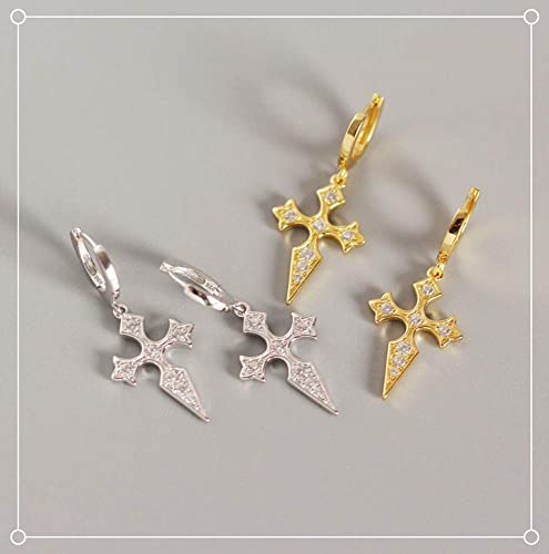 Dainty Cz Cross Dangle Hoop Earrings For Women Girls Men S925 Sterling Silver With Charms Cubic Zirconia Vintage Baroque Crucifix Religious Drop Tiny Cartilage Helix Boho Earrings (Gold Plated) #TOP4