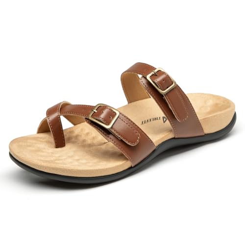 Image of Athlefit Women's Orthopedic Sandal with Arch Support | Adjustable Slip On Open Toe Flat Thong Flip Flops,Plantar Fasciitis Comfy Cushioned Footbed,Dressy Casual Walking Summer