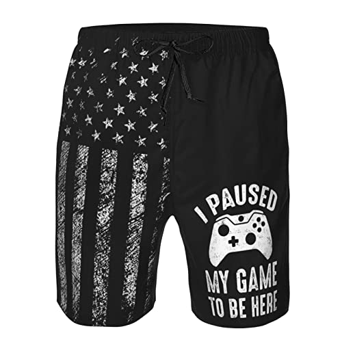 Cute I PAU-SED My Game to Be Here Mens Swim Trunks Men's Shorts Swimwear Bathing Suits Men Beach Shorts with Pockets