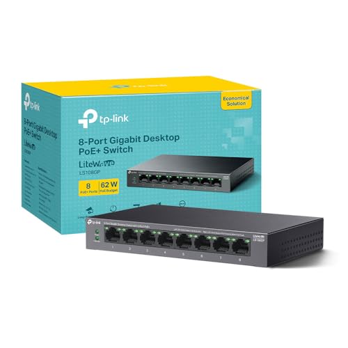 TP-Link LS108GP 8 Port Full Gigabit PoE+ Switch Network Switch Power Saving Plug & Play Metal Case Ethernet Switch 802.3af/at 30W 62W Total Budget Ethernet Splitter Silent Operation