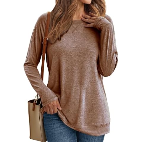 MIFOCAL Women's Blouse Tops Loose Crew Neck Long Sleeve Casual T-Shirts Khaki Cover