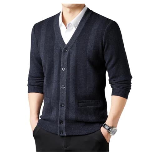 Men's Fall Winter Warm Striped Sweater Elegant V-Neck Cardigan with Single-Breasted Buttons