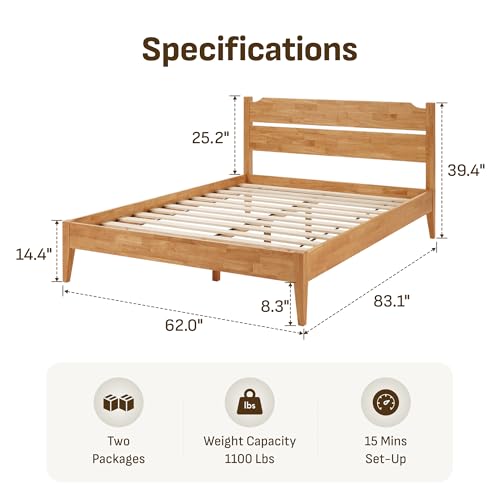 Image of Softa Venso Queen Solid Wood Bed Frame with Headboard, 1100 Lbs Heavy Duty Rubberwood Platform Bed, 15-Min Tool-Free Assembly, Quiet Stable Support, Japanese Japandi Design, No Box Spring Needed