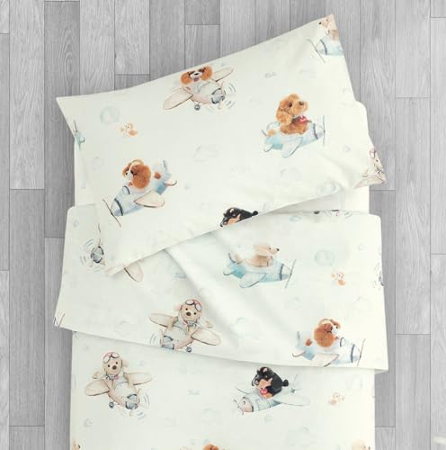 Gabel/TRUDI Home - Completo Lenzuolo (per culla/lettino baby con sponde) Stampato con tecnica digitale su madapolam di Puro Cotone 100% - AIRPLANE (Aviatore)