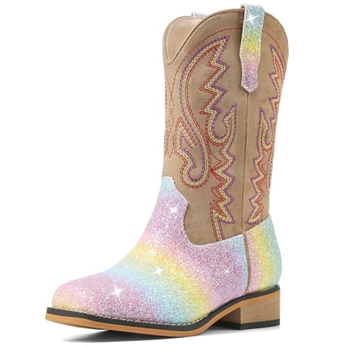 Girls Cowgirl Boots Boys Cowboy Boots Western Glitter Square Toe Embroidered Riding Shoes Child Mid...