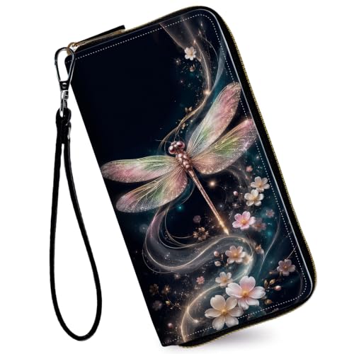 Image of Women's Wallets Credit Card Holder Money Leather Long Wallet | Long wallet with Wristlet,Large Capacity with Zip-Around Phone Purse for Women Ladies Girls,Dragonfly Cherry Blossoms