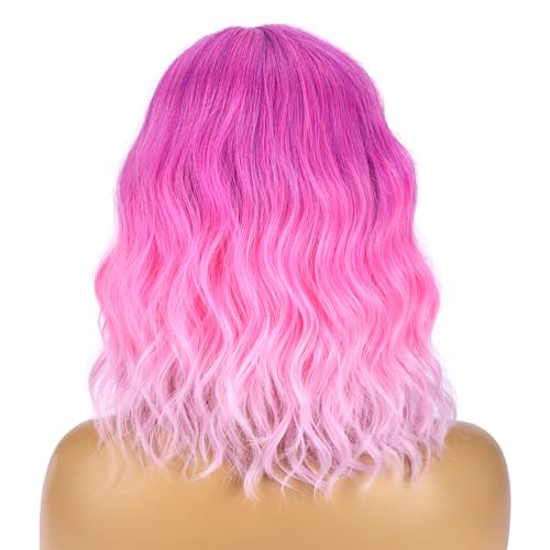Image of BERON Rose Pink Wigs for Women Short Curly Wavy Wig Girls Middle Part Ombre Pink Purple Colorful Body 14 Inch Heat Resistant Synthetic Hair Wig Cosplay Daily Party Wigs