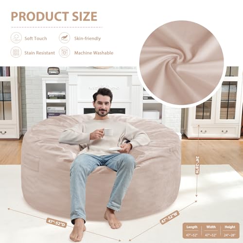 5FT Bean Bag Chair, Large Bean Bag Chairs with Memory Foam Filled, Fluffy Beanbag Sofa with Dutch Velvet Cover, Round BeanBag Chairs for Living Room, Playroom - Beige