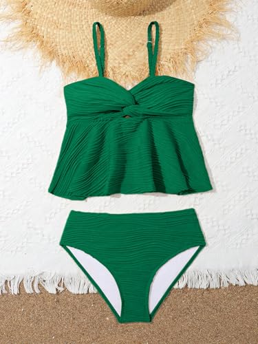 Image of OYOANGLE Girl's 2 Piece Tankini Swimsuit Textured Twist Front Ruched Ruffle Bikini Set Bathing Suits