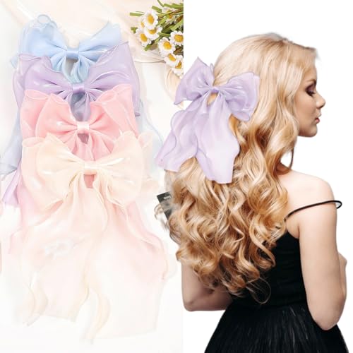 Image of PALAY 4 Pcs Bow Hair Clips for Women Girls Stylish Colorful Long Tail Ribbon Large Tulle Barrettes Vintage Style Elegant Hair Accessories for Woman Daily Wear