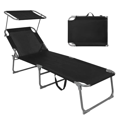 Montafox Sonnenliege 195 x 59 x 32 cm Strand Liege Tragbar max.150 kg Sonnendach Verstellbar Rückenlehne Garten Pool Terrasse Klappbarer Liegestuhl, Farbe:Schwarz