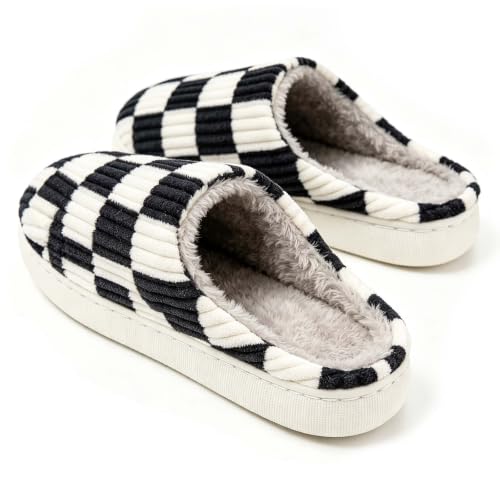Image of Checkered Slippers for Women and Men - Fuzzy House Slippers with Memory Foam, Comfy Plush Fluffy Indoor House Shoes, Cozy Warm Slip on Bedroom Slippers with Non-Slip Sole