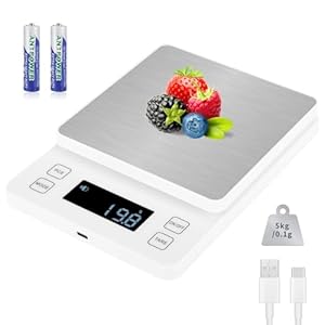 Howeifull Keuken Weegschaal 5kg met 0,1g Hoge Precisie, USB C Opladen, 10 Eenheden, Roestvrij Staal Weeg Platform, Digitale Weegschaal voor Bakken en Koken