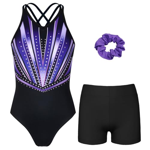 Gymnastics Leotards for Girls With Polyamide Shorts Sparkly Ballet Dance Activewear 8-9 Years Violet Lines