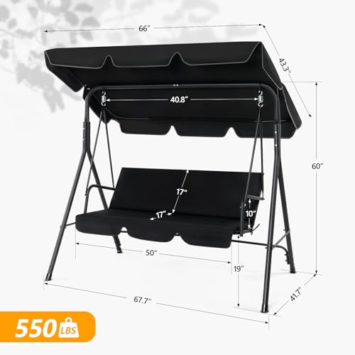 Image of VINGLI Heavy Duty 550 LBS Upgraded 2 Person Outdoor Porch Swing with Stand, Adjustable Canopy Swing with Cushions & Steel Frame for Yard, Pool, Lawn, Indoors (Black)