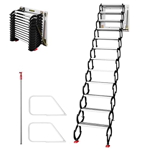 VEVOR Attic Steps Pull Down 12 Steps Attic Stairs Alloy Attic Access Ladder, Black Pulldown Attic Stairs, Wall-mounted Folding Stairs for Attic, Retractable Attic Ladder with Armrests, 9.8 feet Height