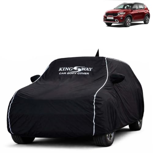 Image of KINGSWAY Super Waterproof Car Cover Only with Kia Sonet (Year 2020 to 2024 - All Model) | Mirror and Antenna Pockets | All Weather Car Body Cover with Silver Piping | Black
