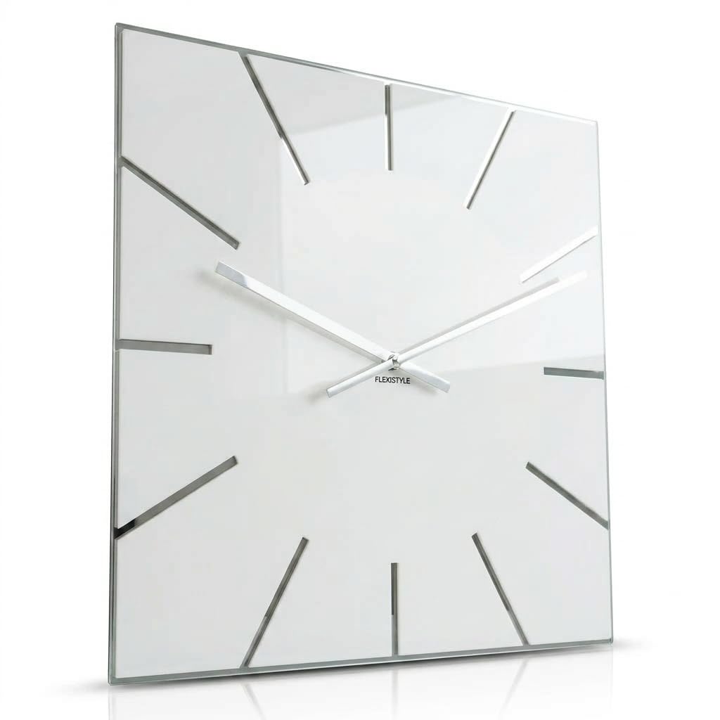 FLEXISTYLE Large wall clock square 50cm white mirror silent non ticking for living room bedroom office