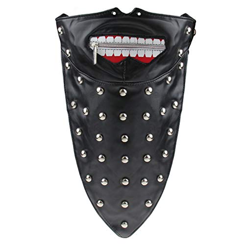 JewelryWe Leder Bandana Gesichtsmaske Schal: Punk Rock Nieten Reißverschluss mit Blutigen Zähnen Gesichtsschutz Sturmhaube Hals Gamaschen Staubtuch Wind Motorrad Maske für Halloween Outdoor Sport
