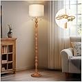 65.5" Natural Real Wood Floor Lamp with S Cluster Pull Chains Dual Switch,Wood Base Tall Lamp,Farmhouse Standing Lamp for Living Room,with Linen Shade,Floor Lamp for Living Room,Bedroom(Bulb Included)