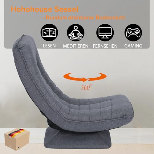 Hoclauho Relaxsessel Bequemer Bodensessel mit 4 Fach Verstellbarer Rückenlehne, 360° Drehfunktion Klappmechanismus, 13 cm Polster, 150 kg belastbar fürs Wohnzimmer Schlafzimmer (Grau) – Bild 5