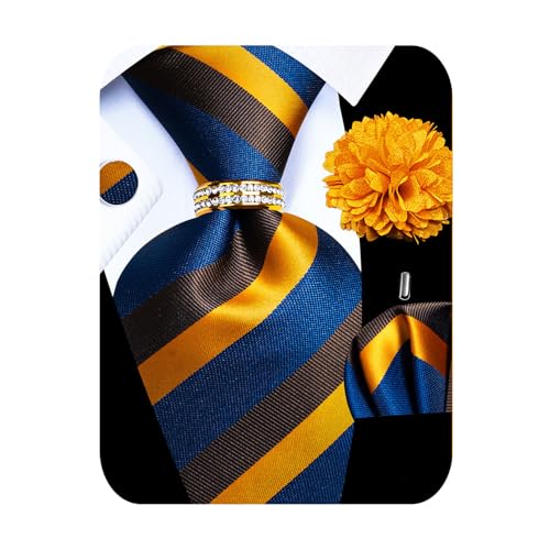 Image of 5PCS Mens Silk Designer Tie, Pocket Square, Cufflinks, Drilled Tie Ring and Lapel Pin Set for Wedding Groom Party