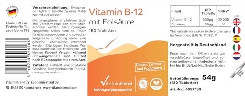 Vitamintrend Vitamin B12 500µg mit Folsäure 100µg, 180 Tabletten, schluckfreundlich, hochdosiert, Nahrungsergänzungsmittel vegan ohne Magnesiumstearat, in Deutschland hergestellt