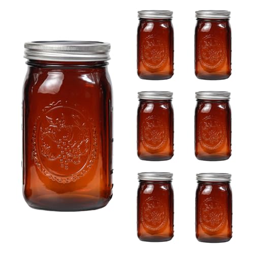 Lonriva Amber Glass Mason Jars 32oz Wide Mouth Jars 6 Pcs Air Tight Leak Resistant Large Canning Jars Quart Mason Jars for Canning Storing Food Spices Meal Prep and Overnight Oats