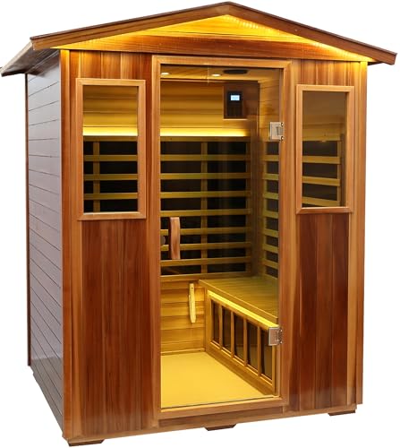 Image of Outdoor Red Cedar Sauna 4 Person Far Infrared Sauna, Red Cedar, Withstand Outdoor Temp -10℉-149℉| Low EMF Sauna Room for Home-12 Low EMF Boards-Chromotherapy-Bluetooth Speakers (68.1*52.4*82.7 inch)