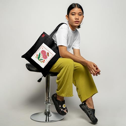 Image of ZORI Black Tote Bag With Pocket Printed Designed Canvas Tote Bags For Women large capacity,Tote bag For Shopping, College, Travel, More Canvas Handbag For Unisex Bag