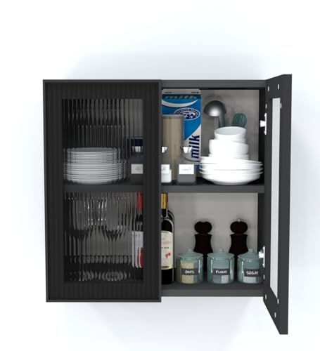 Image of SPECIALITY PANELS Aluminium Black Profile 2 Door Wall Cabinet | Fluted Glass Handless Shutters | Wall Mounted Kitchen Storage Cupboard | Space Saving Multipurpose Storage Unit | DIY Assembly