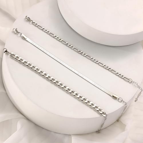 Image of 14K Gold Anklets for Women Waterproof Rhinestone Ankle Bracelet Layered Cuban Link Chain Diamond Anklet Beach Jewelry for Women (Silver-Anklets-C)
