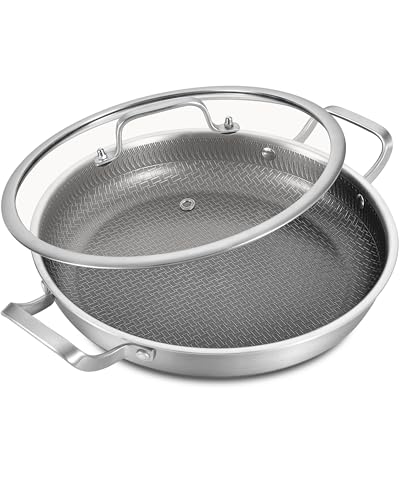 LOLYKITCH 12 In Nonstick Frying Paella Pan with Side Handles & Lid, Ceramic Coating, Tri-ply Stainless Steel, Induction Compatible, PFOA-free, Oven Safe to 600°F, Dishwasher-safe