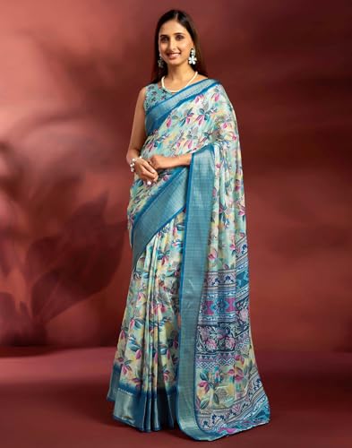 Image of SIRIL Women's Dola Silk Printed Jacquard Border Ready To Wear Saree with Unstitched Blouse Piece