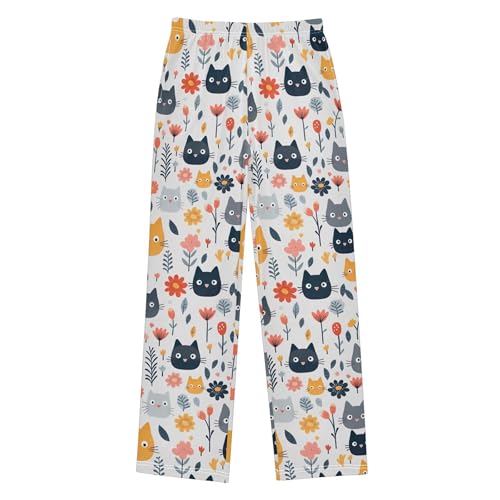 Cute Cat Flowers Long Pajama Pants Elastic Waist PJ Bottoms with Pockets S A1118852