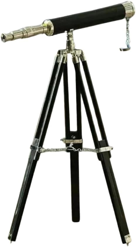 Antique Nautical Floor Standing Brass Telescope with Wooden Tripod, 18 Inch