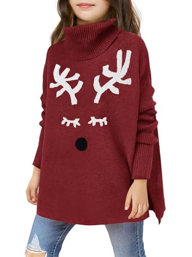 Image of Haloumoning Girls Christmas Sweater Kids Oversized Turtleneck Cute Reindeer Sweaters with Side Slit