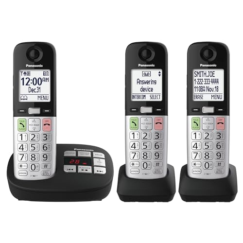 Panasonic Cordless Phone, Easy to Use with Large Display & Big Buttons, Flashing Favorites Key, Flashlight, Call Block, Volume Boost, Talking Caller ID, House Phones, 3 Handsets - KX-TGU433B by Panasonic - Used condition - US$52.09