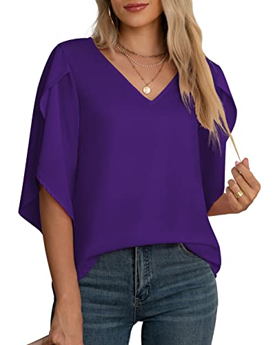 Jouica Women's Summer 3/4 Sleeve Blouse Tribal Women Shirts Women's Work Dress Shirts,Purple,X-Large #TOP2
