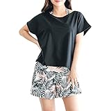 [COTARON] 水着 レディース 体型カバー タンキニ カバーアップ オーバーTシャツ ショートパンツ ４点セット (M, 5ブラック×ピンクリーフ)