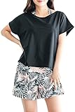 [COTARON] 水着 レディース 体型カバー タンキニ カバーアップ オーバーTシャツ ショートパンツ ４点セット (S, 5ブラック×ピンクリーフ)