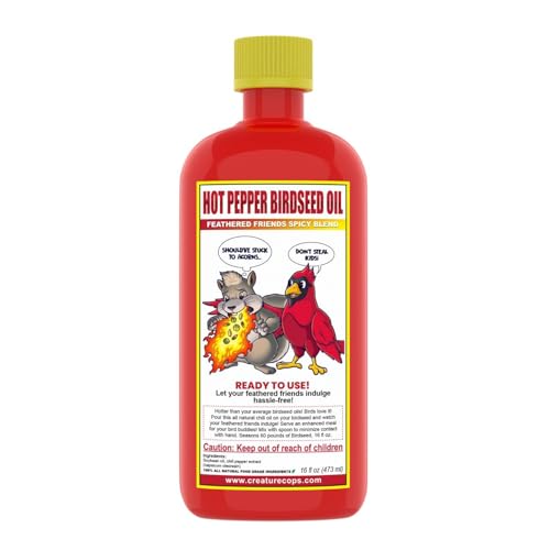 CreatureCops™ Spicy Squirrel Seed Sauce | All-Natural & Squirrel-Resistant Hot Pepper Bird Seed Oil | Flaming Hot Sauce - Seasons 60lb per 16oz Bottle