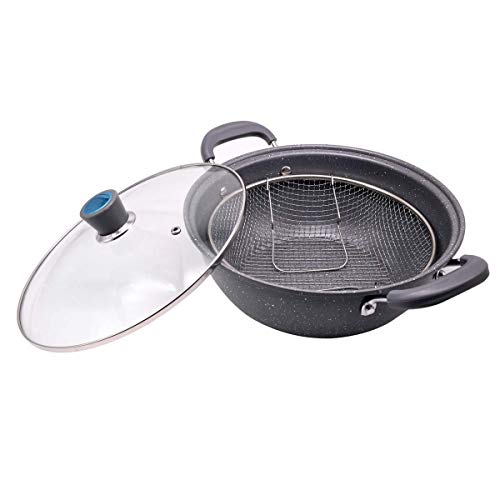Image of Fryer Deep Fat Frying Basket Pot (22 cm) with Glass Lid-Manual Deep Fryer, Steamer and Cooker French Fries Pot Non Stick Fry Stir Fry Pan with Lid