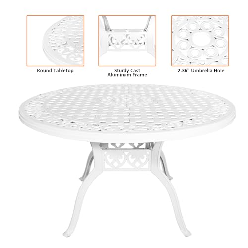 Image of 48 Inch Outdoor Dining Table Round Patio Bistro Table Powder-Coated Cast Aluminum Frame Patio Dining Table Garden Table with Umbrella Hole (White)