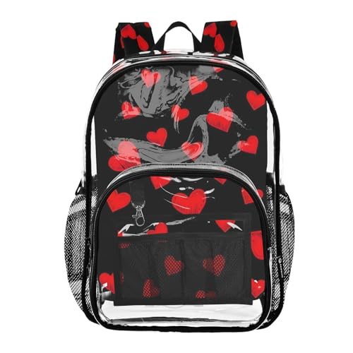 Red Hearts Doodles Black Clear Backpack Women Cute Girls Backpack for Kids Approved See through Bag