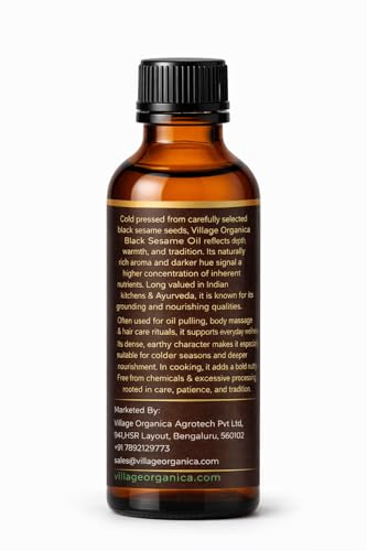 Image of Village-Organica Black Sesame Seed Oil | Cold Pressed Oil | Gingelly Oil | For Body | For Hair | For Cooking (100ml)| Amber Glass bottle |