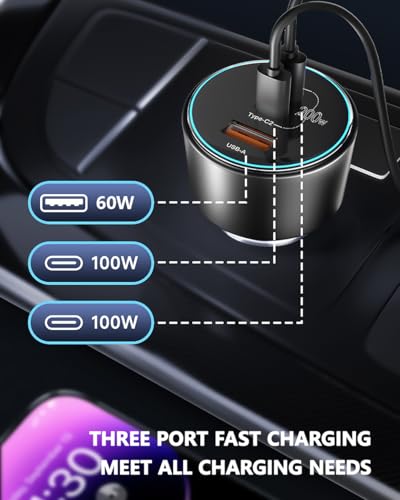 Image of 200W Car Charger, USB C Car Charger PD3.0 QC4.0 PPS Fast Charging Car Adapter with 2 100W USB C Cable 3 Port Type C Cigarette Lighter for Dell XPS, MacBook, iPhone 16 15 14, Galaxy S24 Ultra, iPad Pro